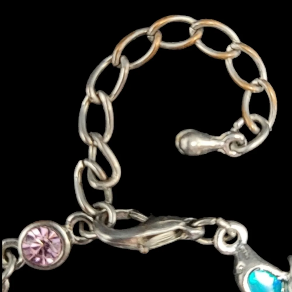 MULTI COLORED IRIDESCENT ENAMEL DOLPHIN LINK SILVER TONE BRACELET